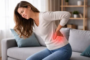 Woman in discomfort with back pain
